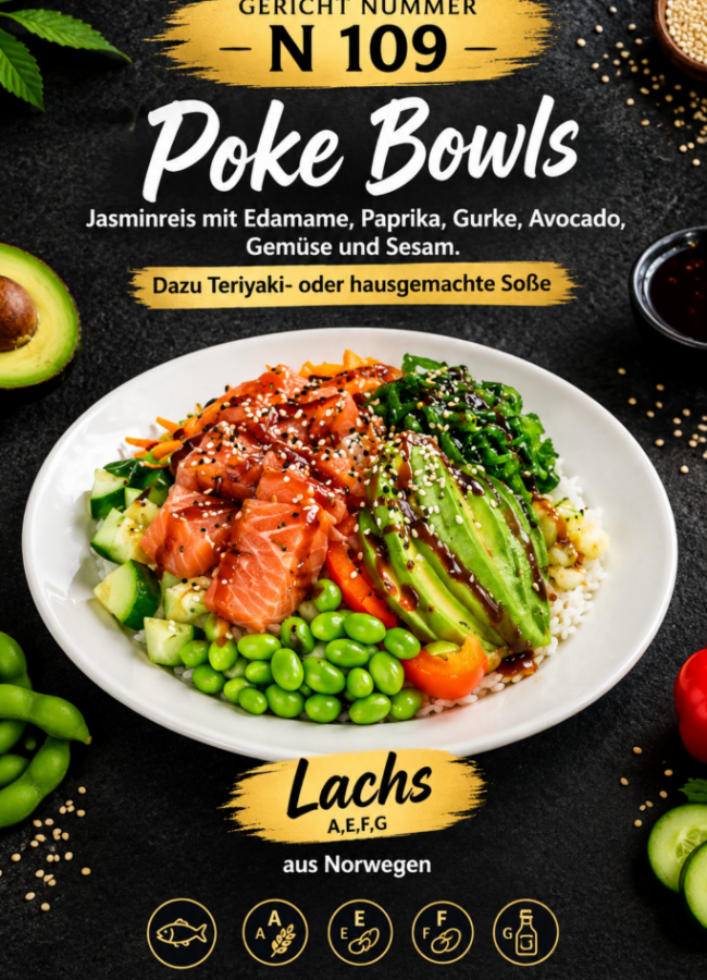 Poke Bowl mit Lachs auf Schiefertafel